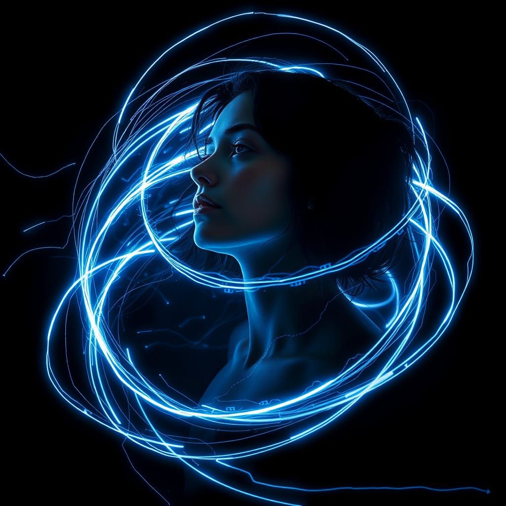 Woman Surrounded by Energy Strings in Neon Cyberpunk Style