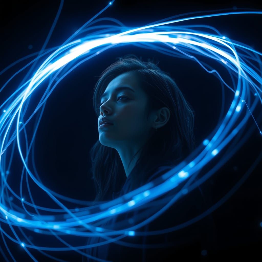Woman Surrounded by Energy Strings in Neon Cyberpunk Style
