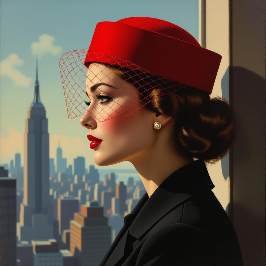 Woman Gazing from Skyscraper in 1950s Film Noir Style