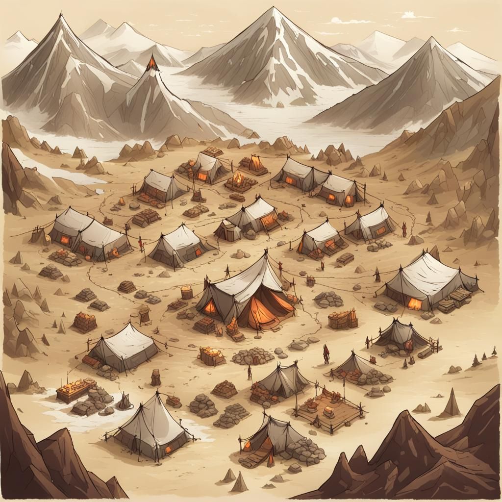 A map of an orc camp with a large tent in the center and many smaller tents scattered around.
This camp must be in the m...