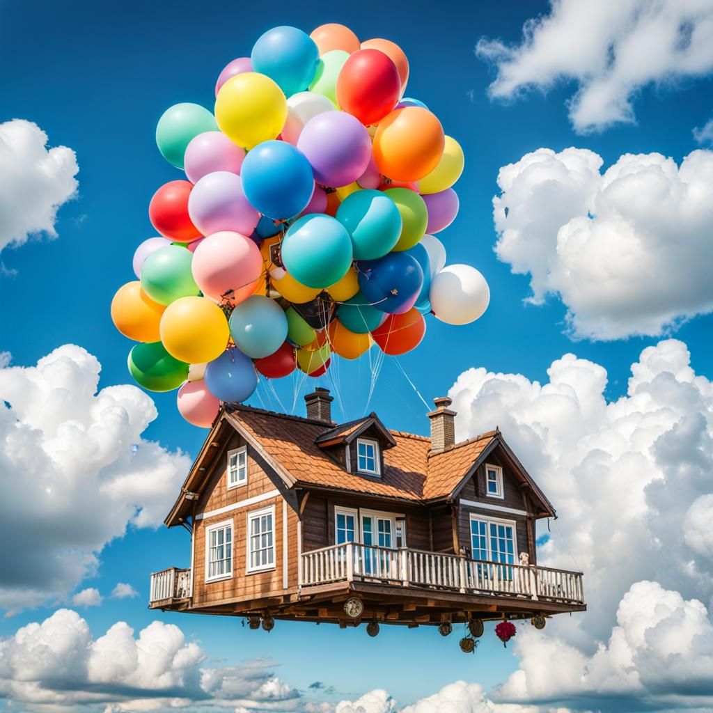 Flying Country House with Balloons in Miyazaki Style