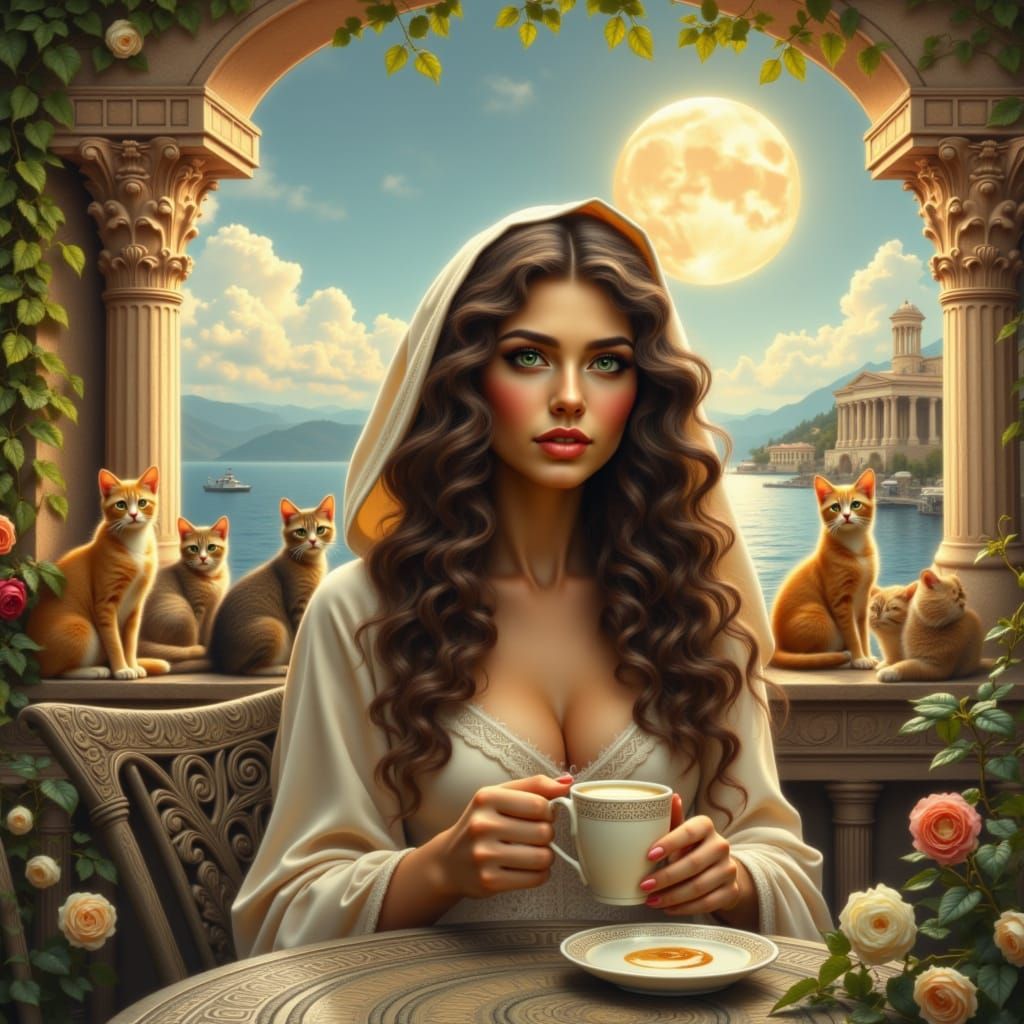 Glamorous Greek Goddess in Whimsical Cat Cafe