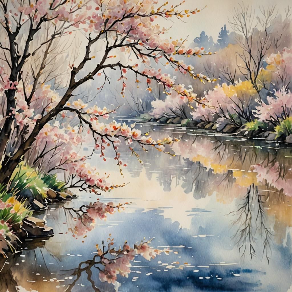 Cherry Blossoms Over River in Impressionist Watercolor