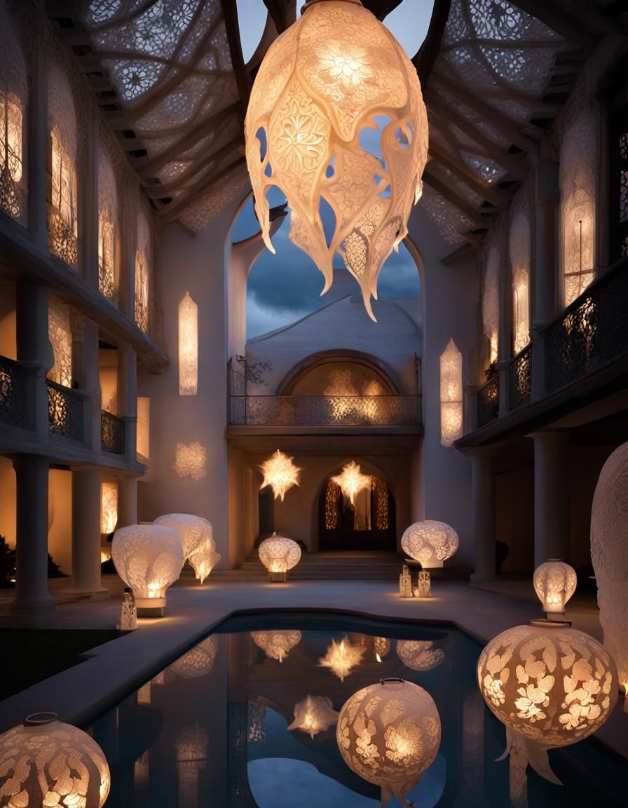 Glowing Ice on Fire Lantern in Mansion Setting