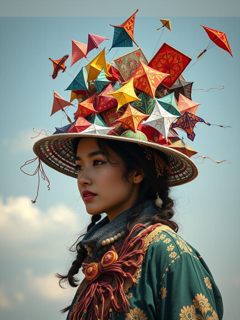 Woman Wearing Hat of Flying Kites, Realistic Photography