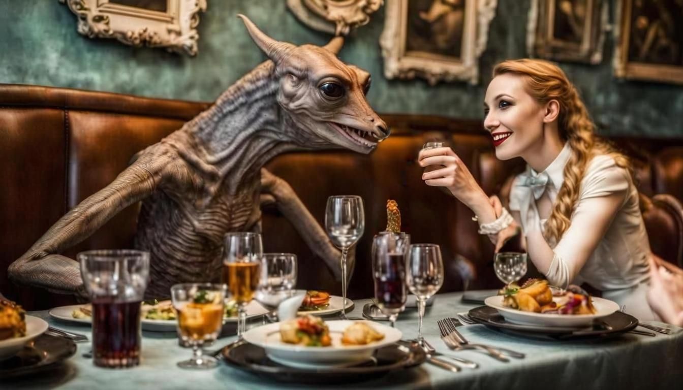 Surreal Restaurant Celebration with Exotic Aliens