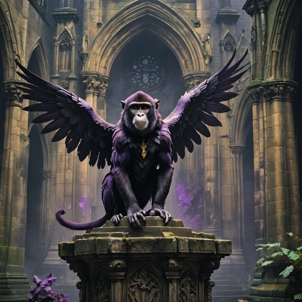Dark Fantasy Winged Monkey in Gothic Cathedral