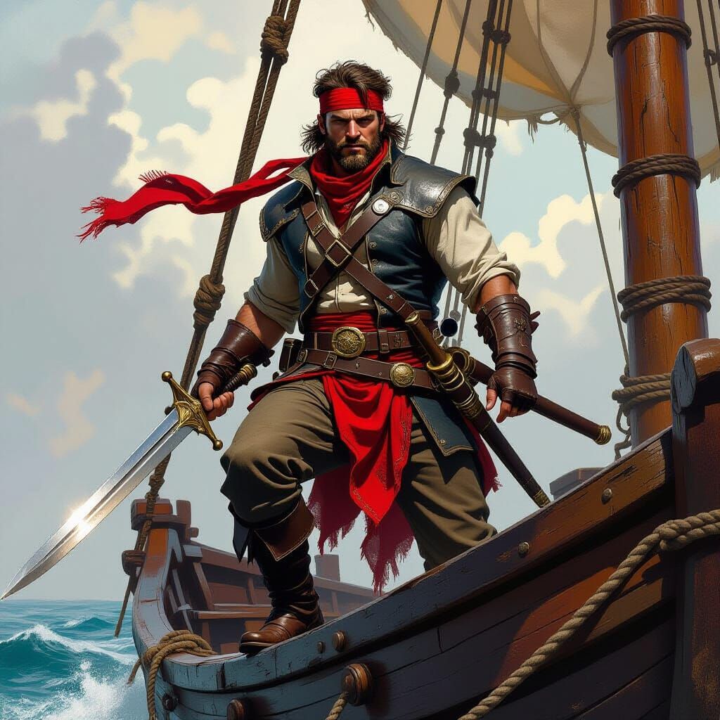 Heroic Adventurer on Ship in Fantasy Art Style