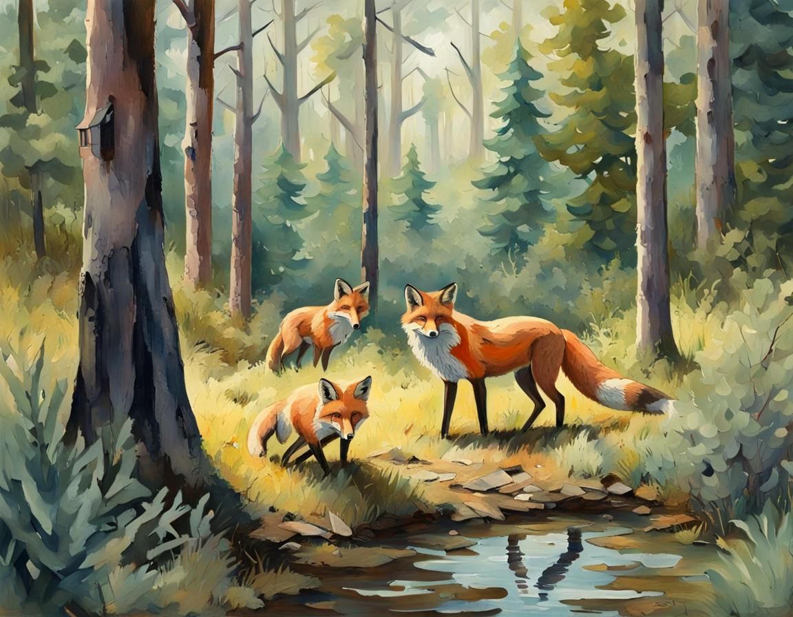 Fox Family Investigating Abandoned Lancia in Gouache Style