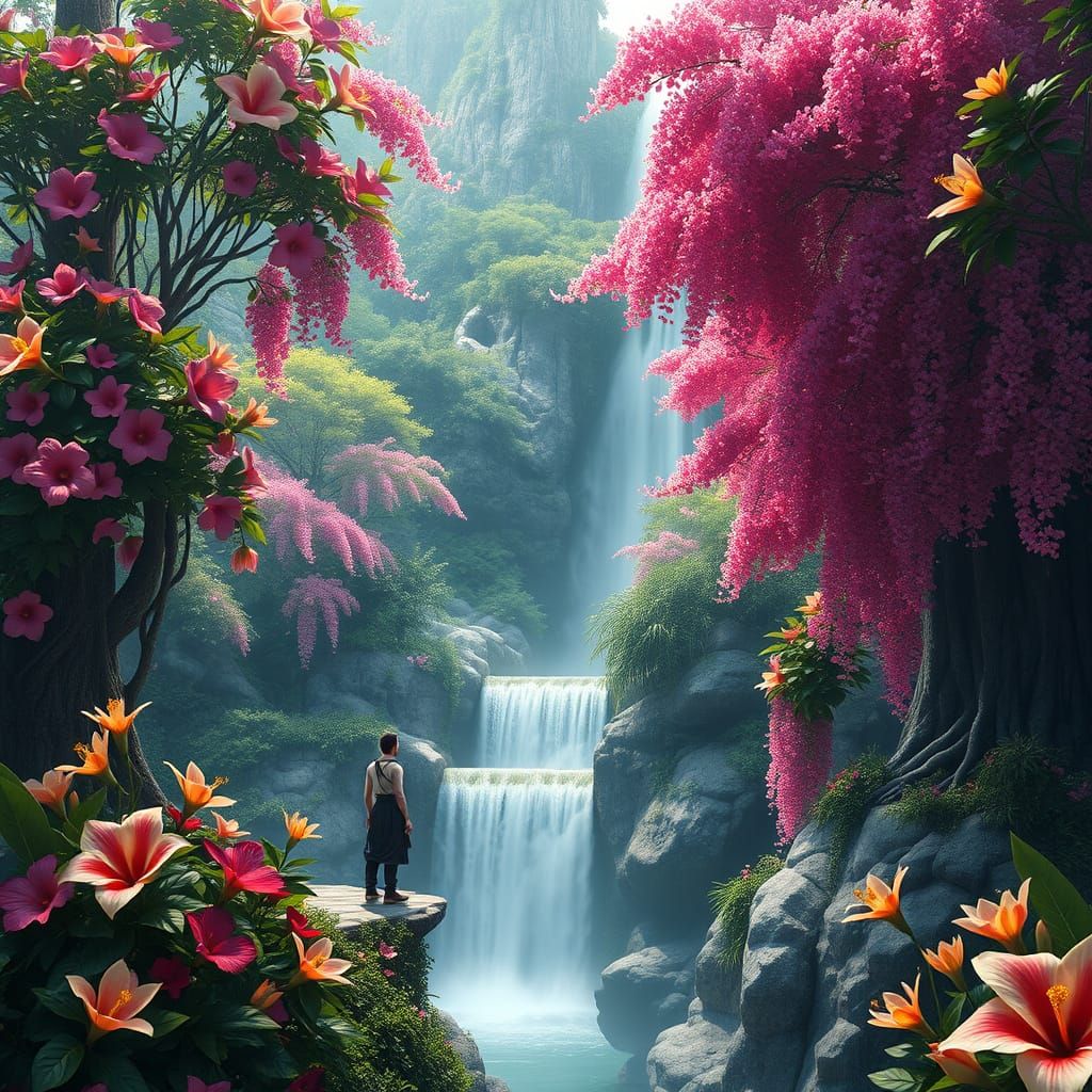Surreal Heaven Scene with Vibrant Flowers, Waterfall, and Wh...