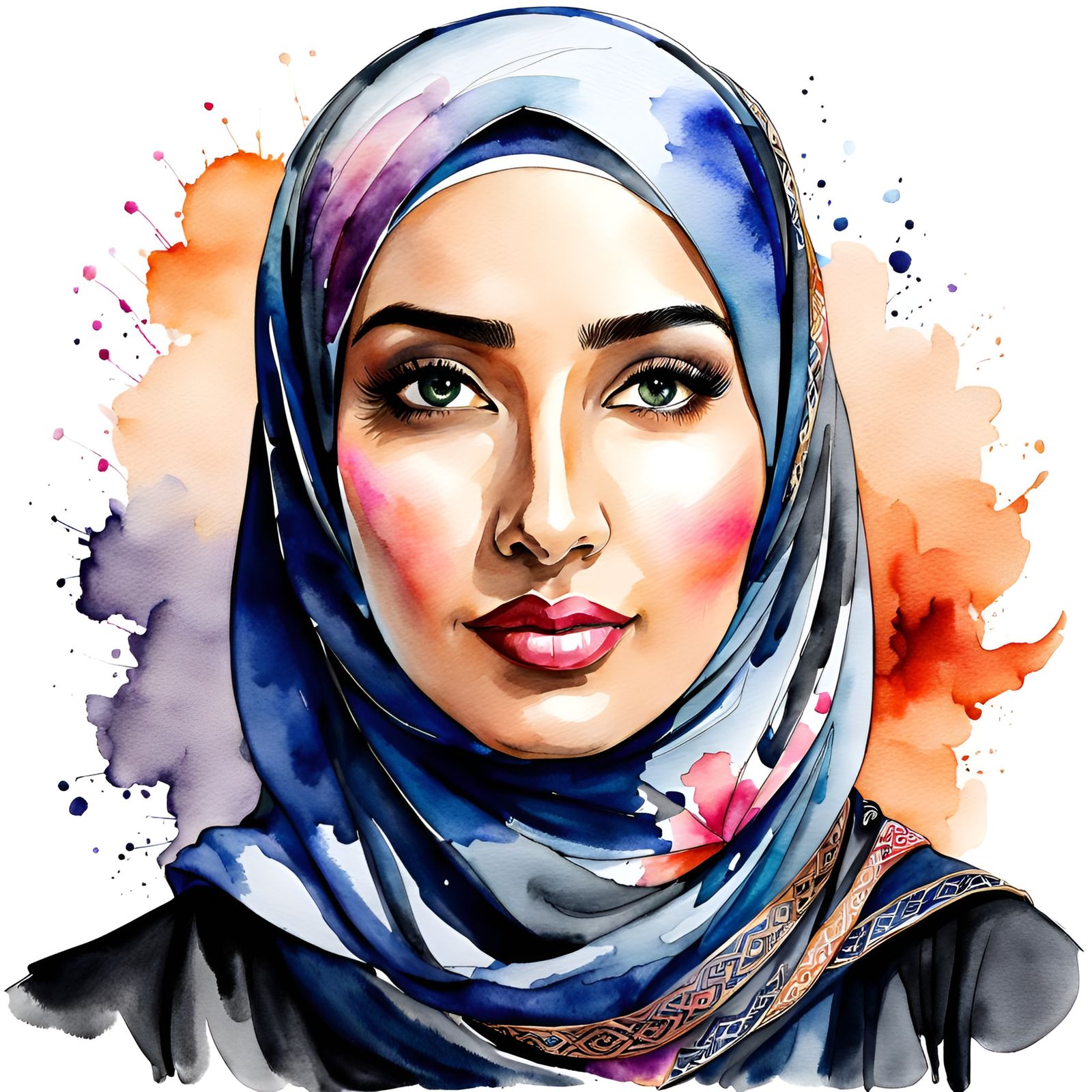 Beautiful Hijabi Student Portrait in Watercolor Style