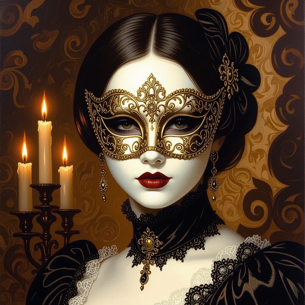 Baroque Venetian Masked Woman in Dramatic Chiaroscuro