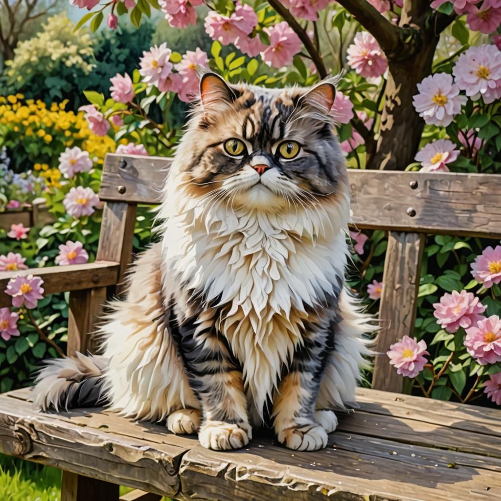 Persian Cat in Garden: Watercolour Impasto Style