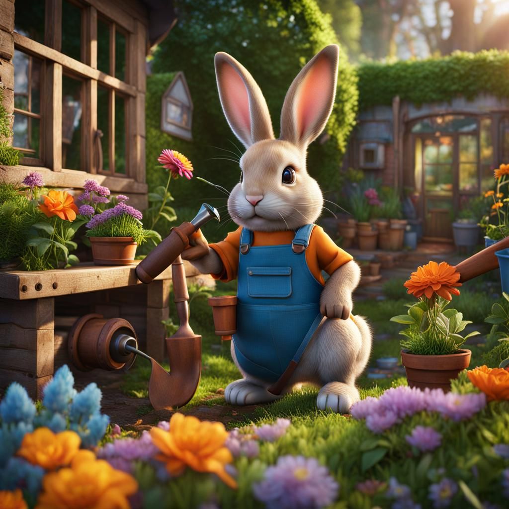 Realistic Rabbit Supervisor in a Vibrant Garden