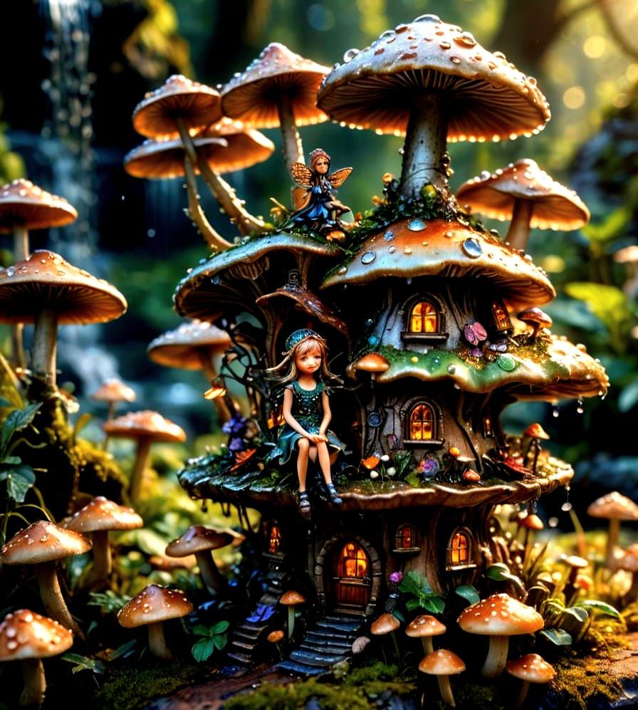 Macro Fairy on Mushroom with Steampunk Waterfall