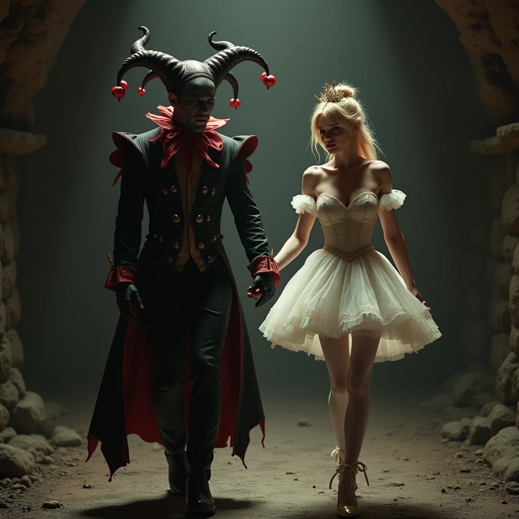 Creepy Jester and Princess in Dungeon, Art Nouveau Style