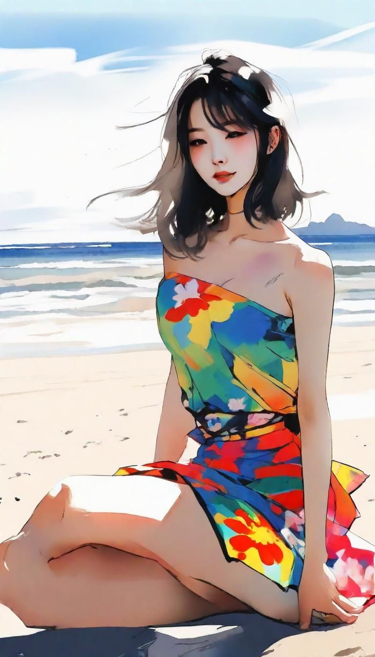 Minimalist Ink Painting of a Japanese Woman on Beach