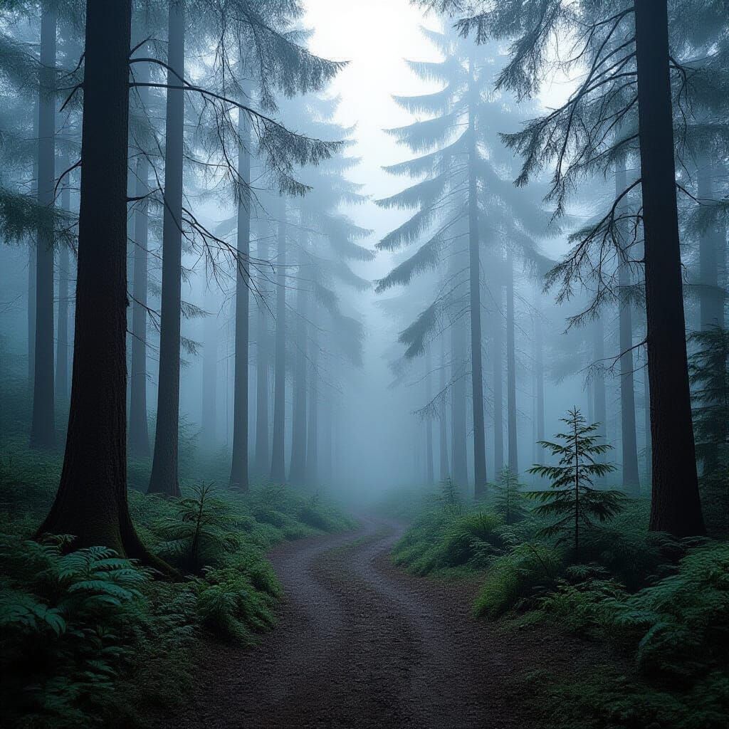 Misty Forest Landscape with Fading Paths