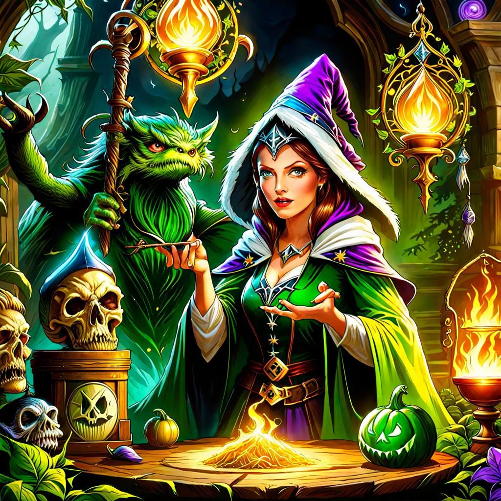 Medieval Herbalist Sorceress and Monster in Lair