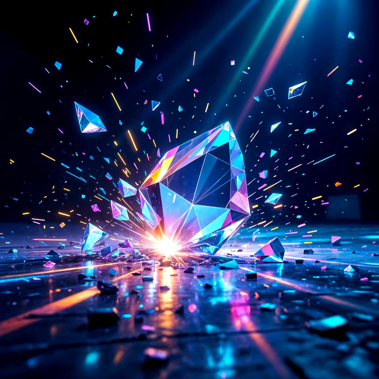 Shattered Prism Beaming Light in Dark Room