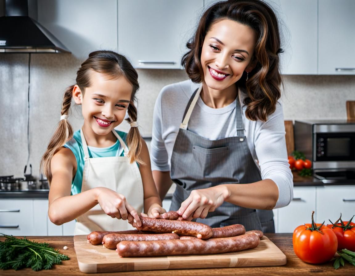 Mother and Daughter Sausage Making: AI Generated Image