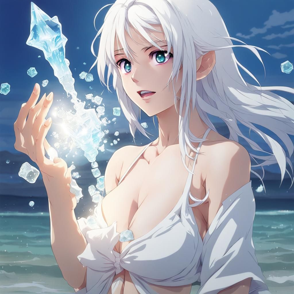 Anime Girl Casting Ice Spell at Beach