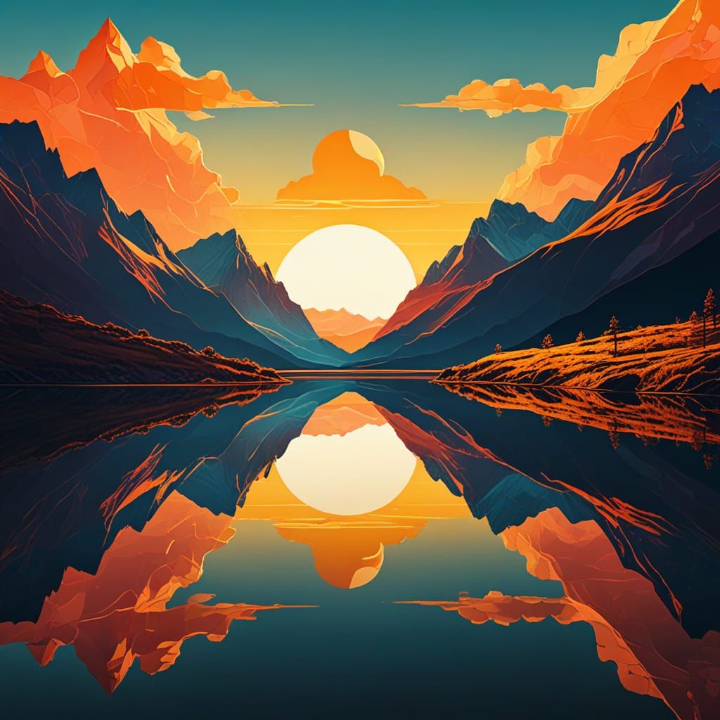 Sunset Lake Landscape in Moebius Style