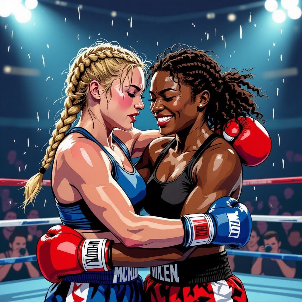 Female Boxers Embrace After Fierce Bout, Comic Art Style