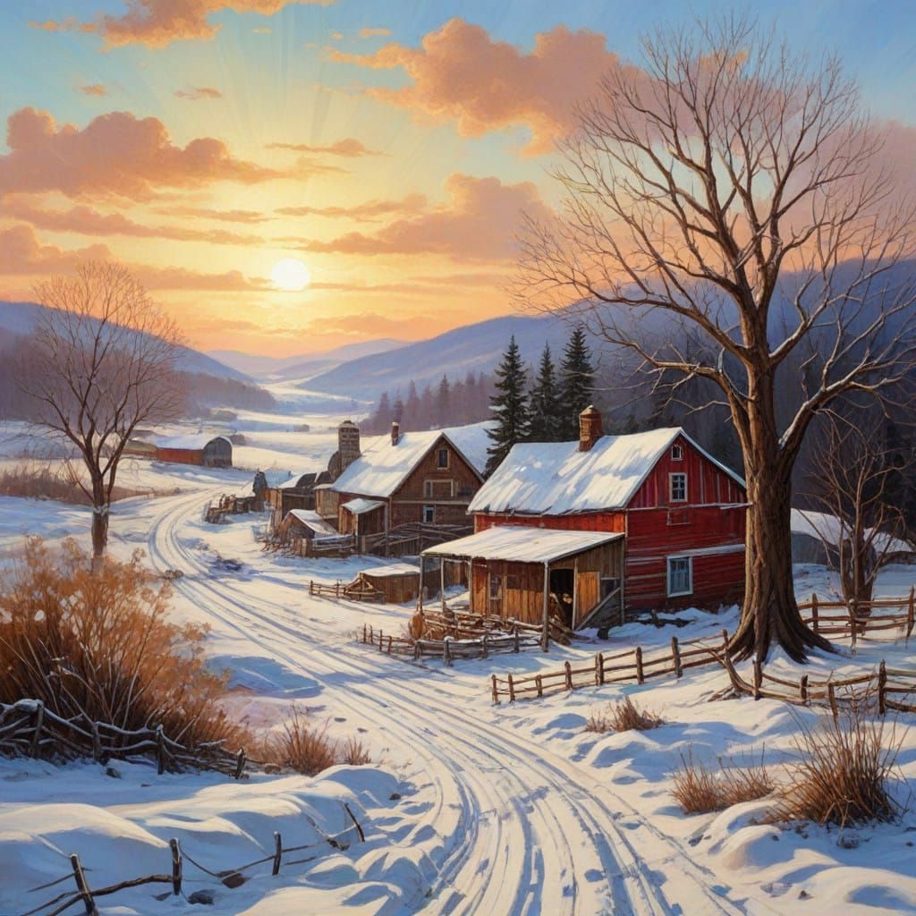 Vibrant Winter Farm Scene in Impasto Oil Painting Style