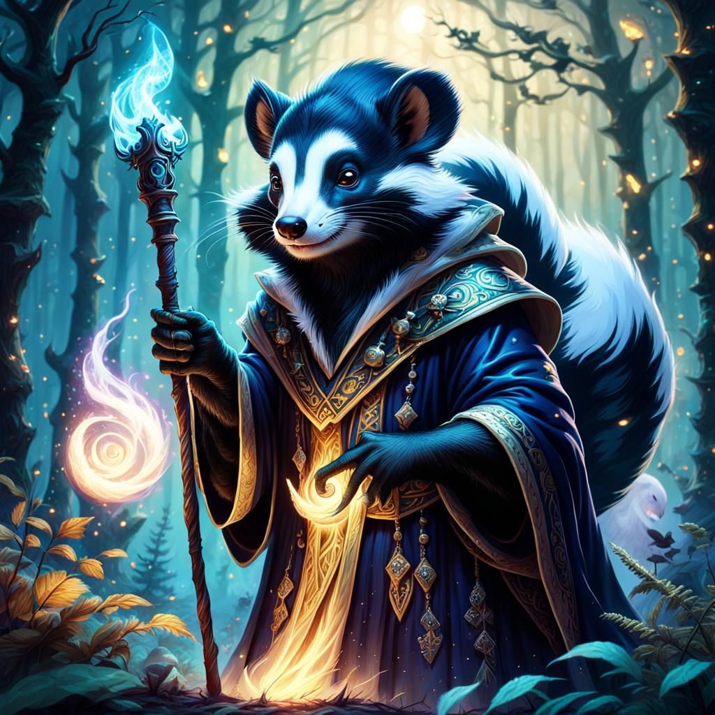 Skunk Wizard Casting Spell in Mystical Forest