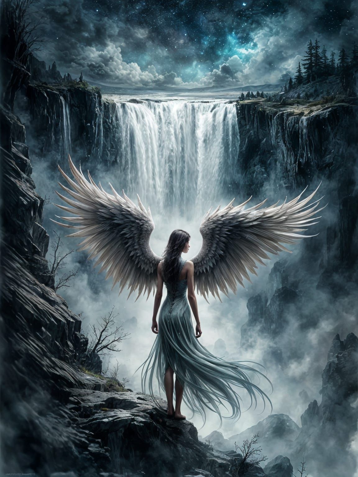 Angelic Woman by Celestial Waterfall in Cosmic Sky