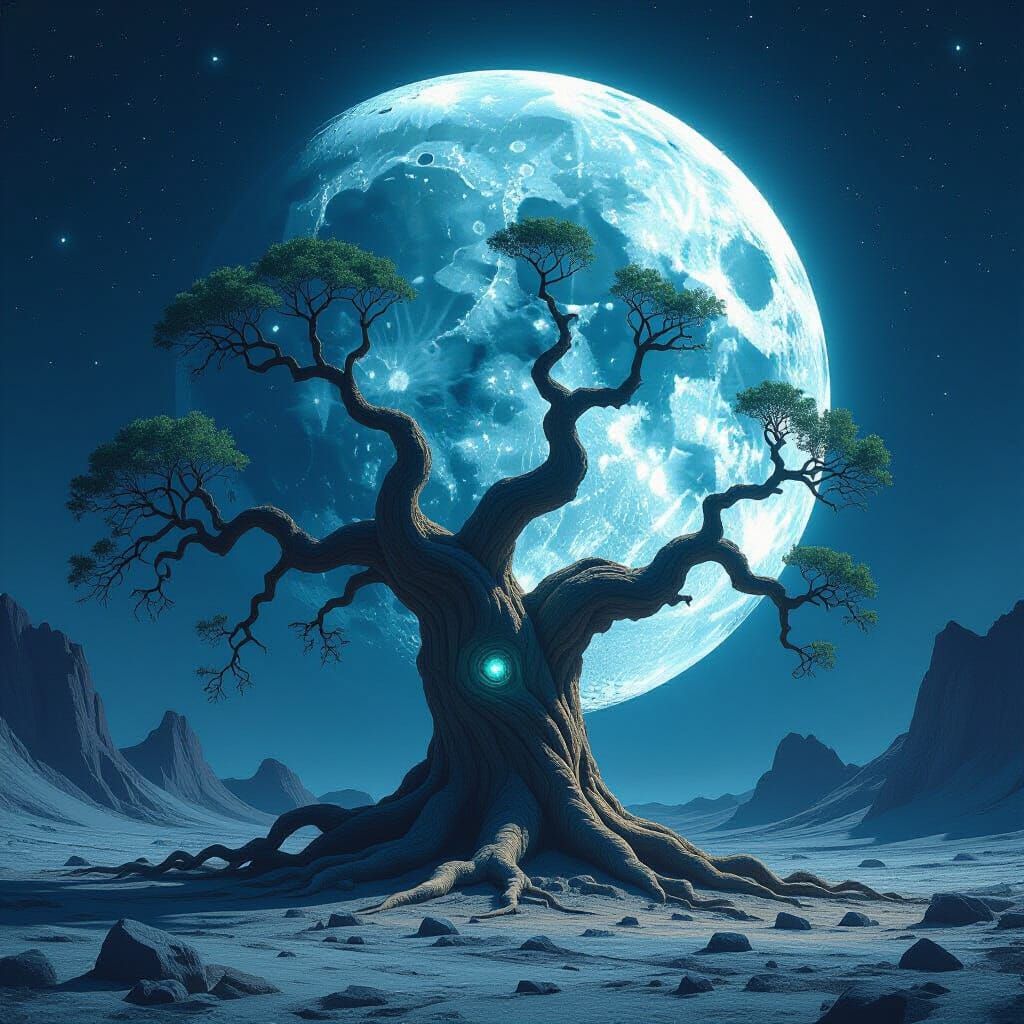 Luminous Tree on the Moon in Ethereal Style