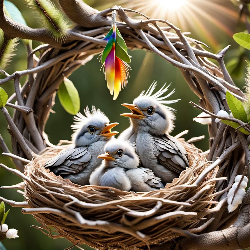 Rainbow Bird Feeds Babies: Hyperrealistic Matte Painting