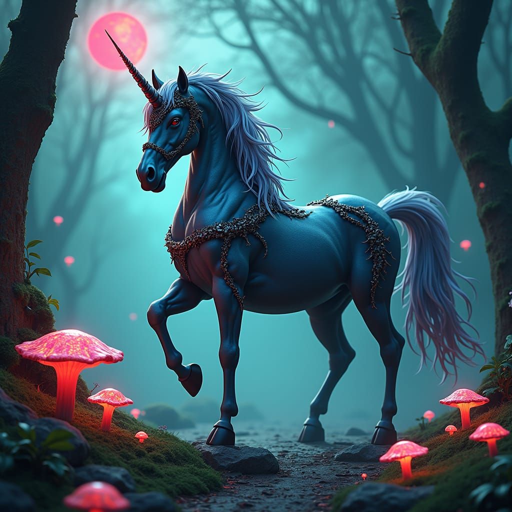 Dark Fantasy Unicorn in Mystical Glowing Forest