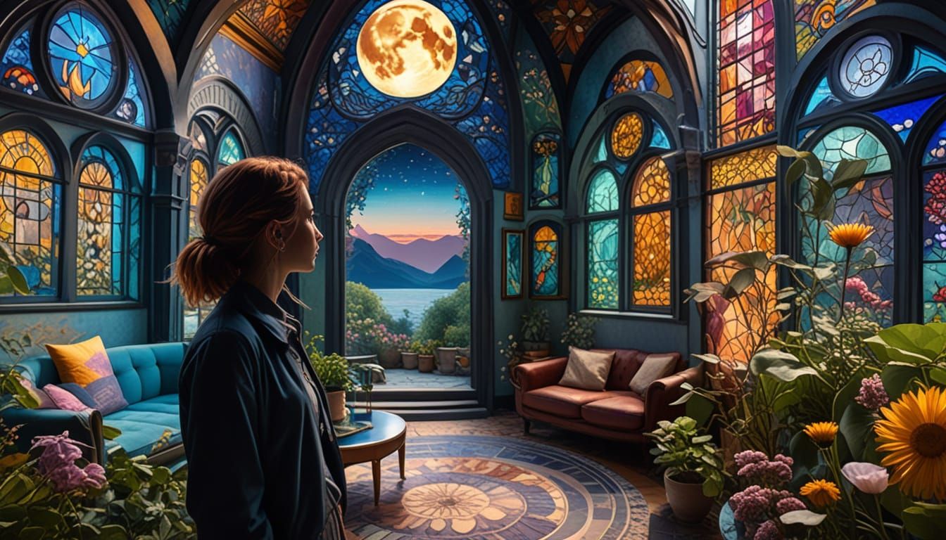Art Nouveau Woman in Dreamlike Room with Moonlit Landscape