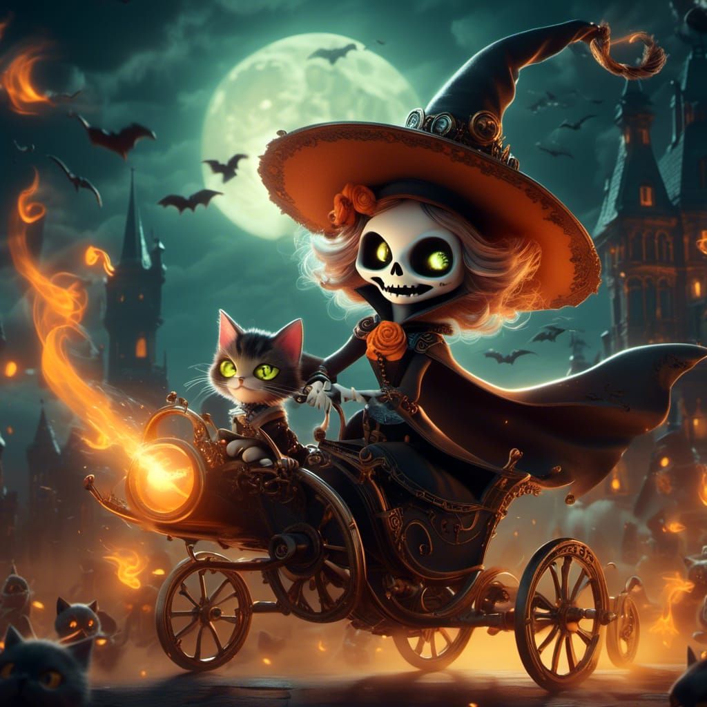 Steampunk Witch and Cat Fly Past Halloween Moon