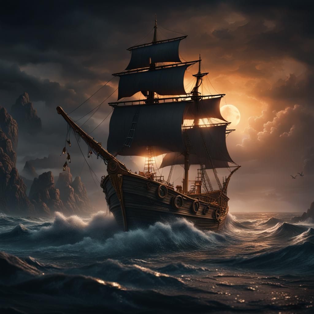Pirate Ship on Rough Sea at Night