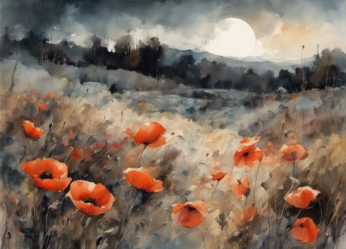Poppy Field in Moonlit Autumn Landscape, Watercolor Painting