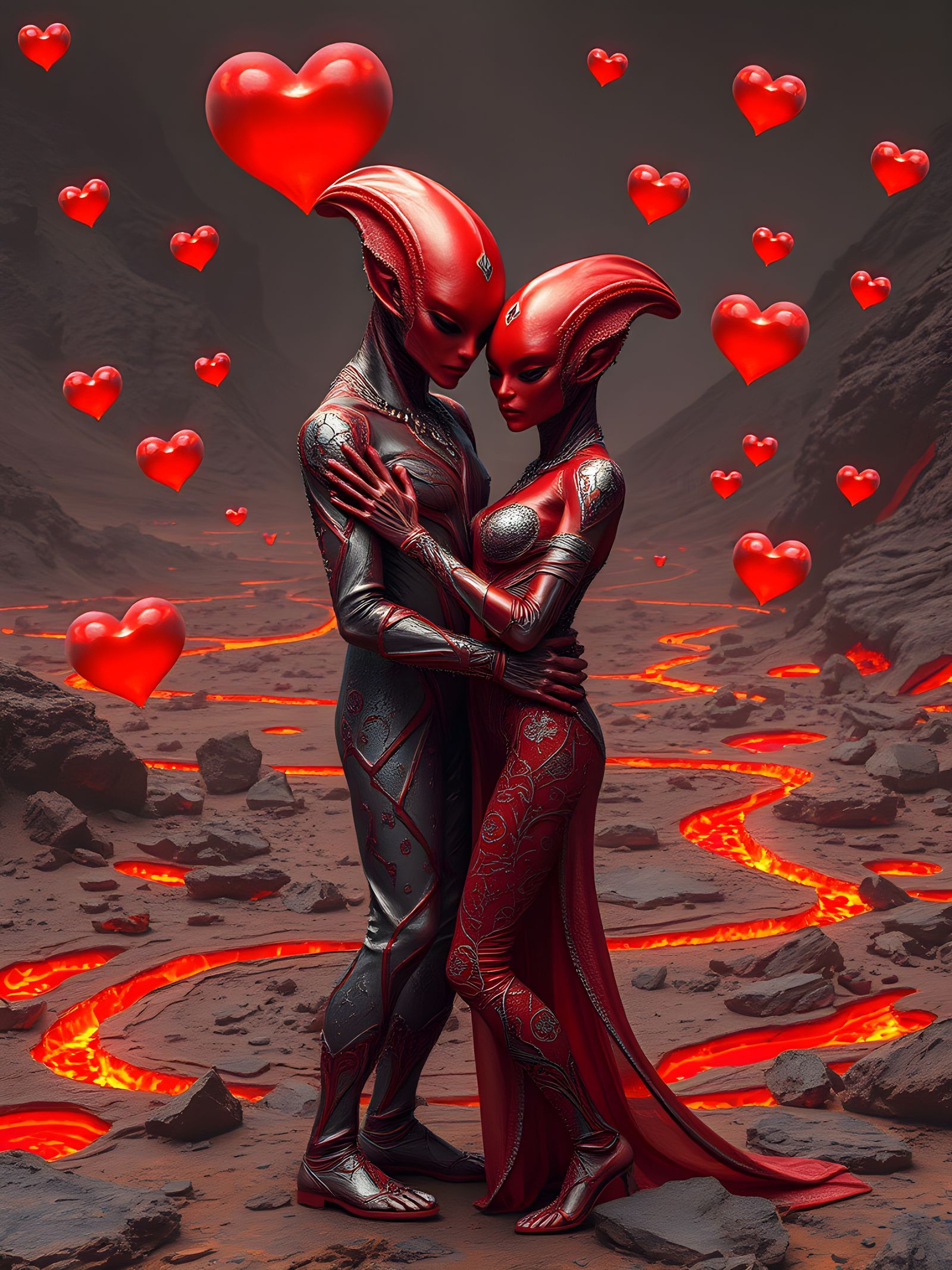 Red Alien Couple on Volcanic Planet with Lava Hearts