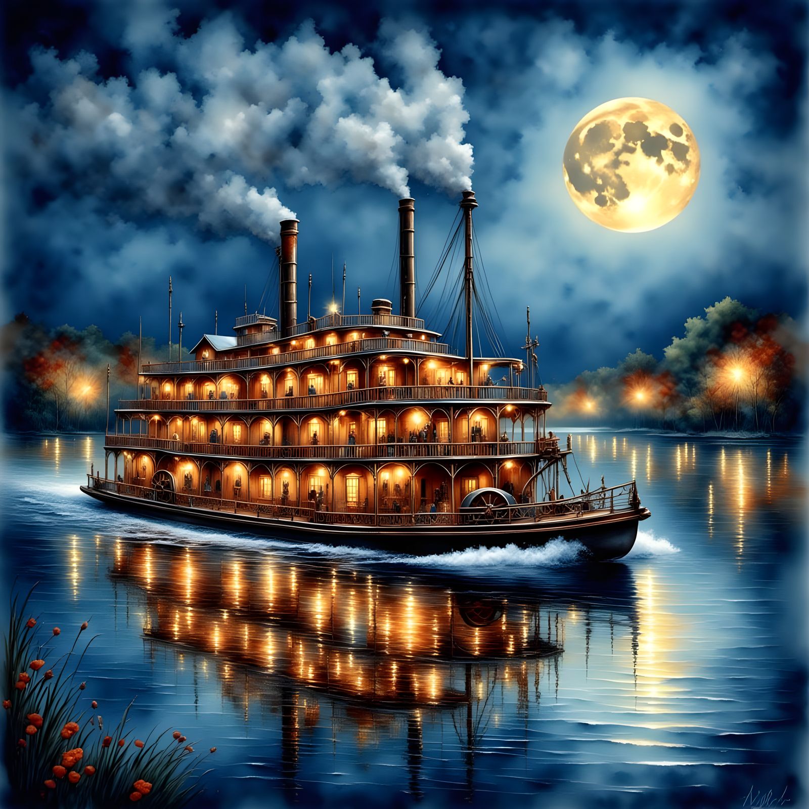 Majestic Steamboat Under Full Moon