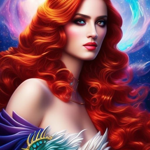 Red-Haired Sorceress Portrait with Astral Background
