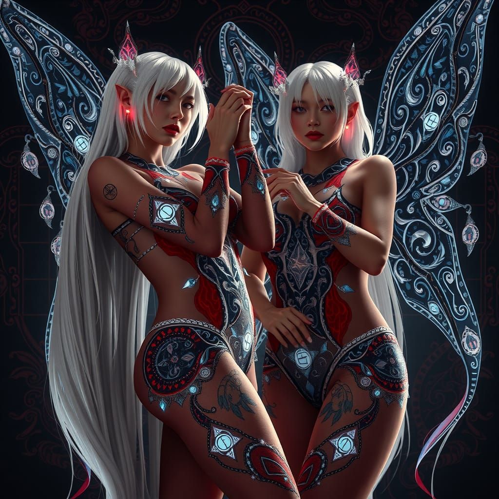 Ethereal Fairies with Bioluminescent Tattoos in Fantasy Sett...