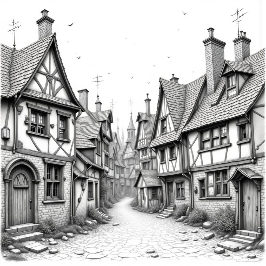 Whimsical Graphite Village Scene with Expressive Lines