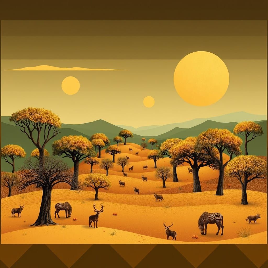 Surreal Earth-Toned Abstraction with Geometric Patterns