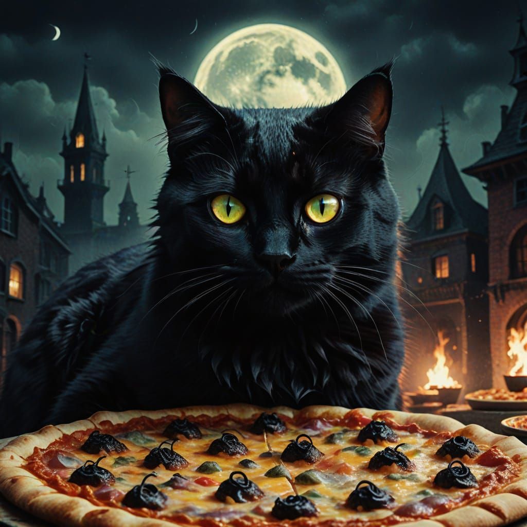 Eerie Black Cat on Pizza in Dark Fantasy Style