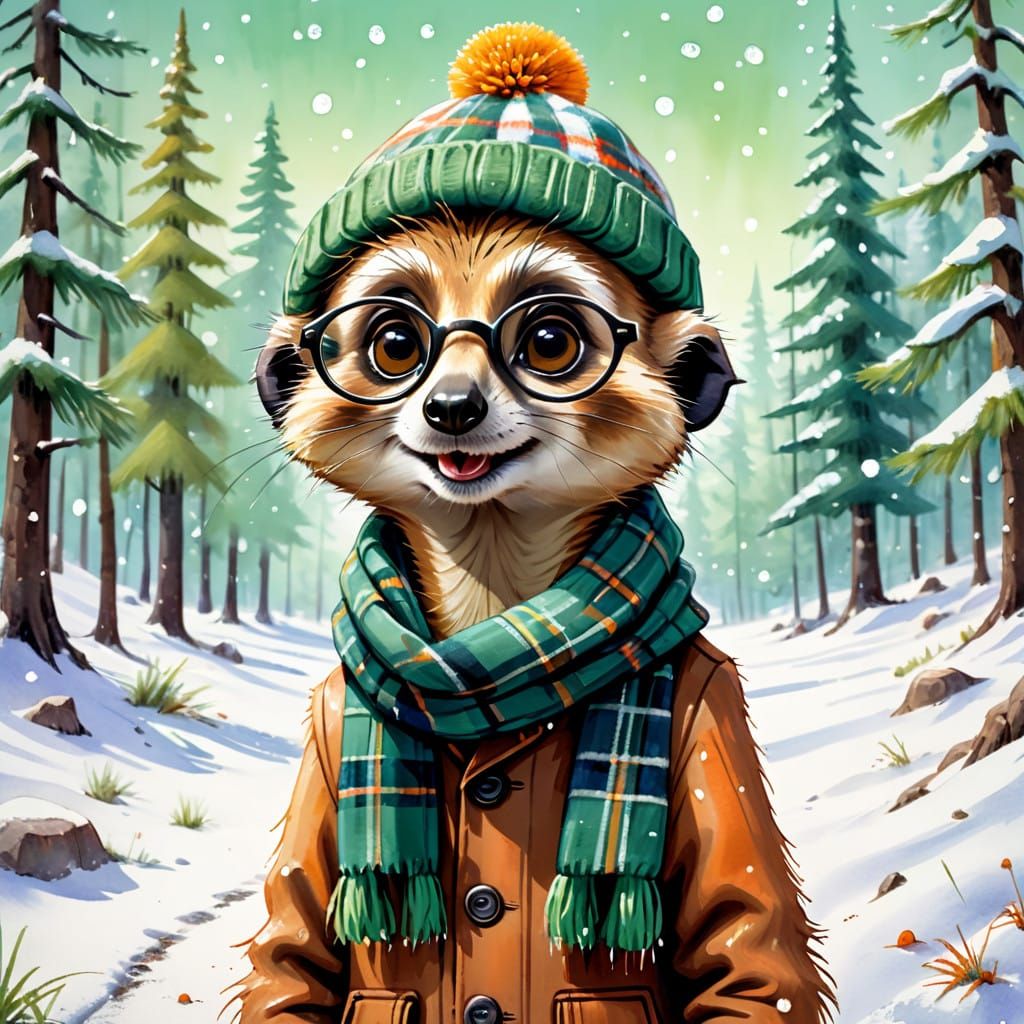 Surreal Cartoon Meerkat Embarks on Whimsical Winter Adventur...