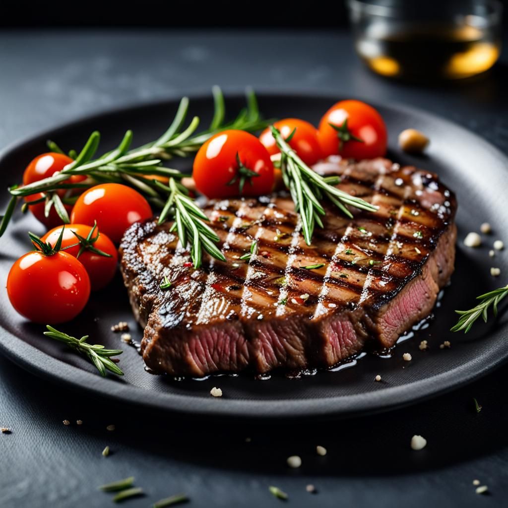Dramatic Close-Up of Steak Dinner with Rosemary