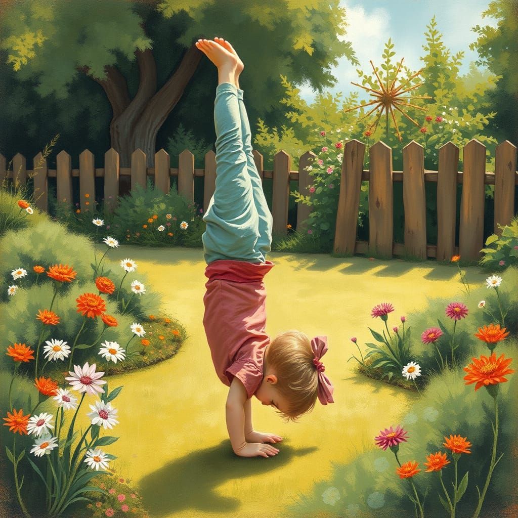 Child's Handstand in Garden: A Gouache Painting