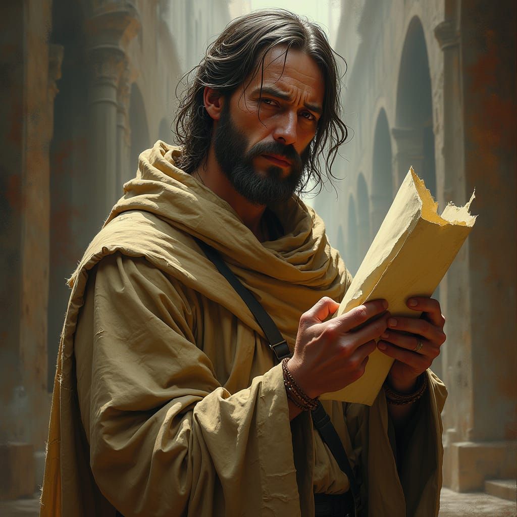 Weary Servant with Parchment in Hyperrealistic Style