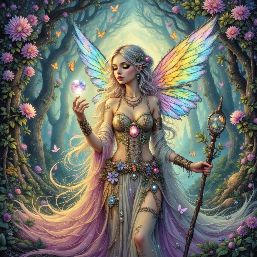 Celestial Woman in Harmony of Nature and Biopunk